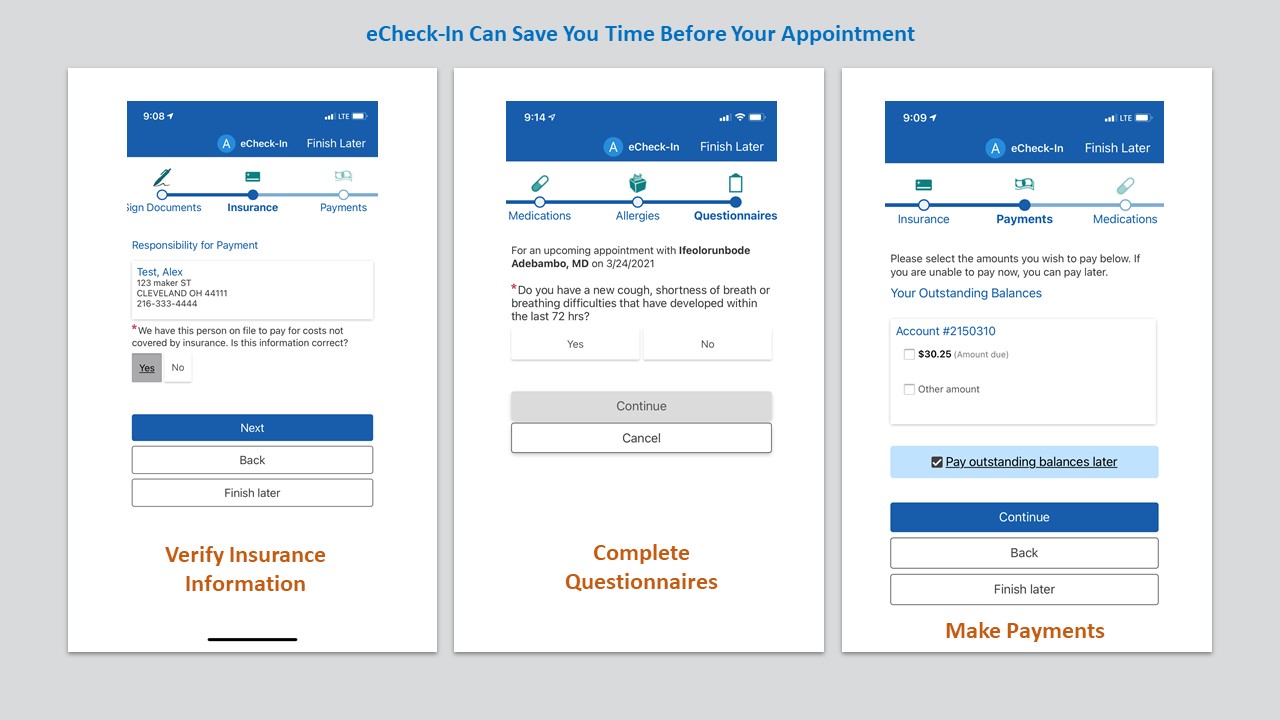Screen Grabs of e-Check In Steps on MyChart App