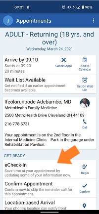 Screen grab of e-Check on MyChart App