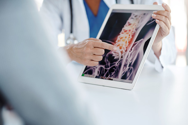 A researcher pointing to an image of a spine